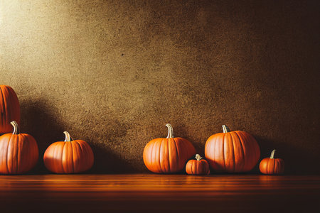 Halloween pumpkins on wooden table over grunge wall background.の素材