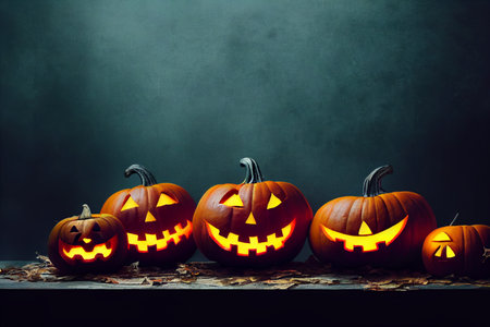 Halloween pumpkins on dark background. Halloween concept. copyspace.の素材
