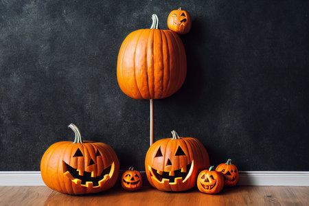 Halloween pumpkins on blackboard background with copy space for textの素材