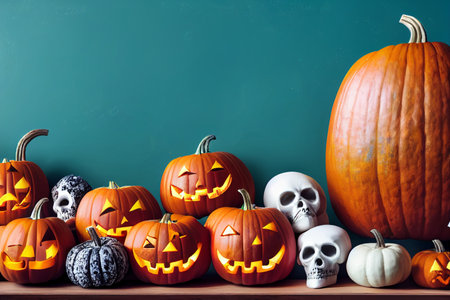 Halloween pumpkins and skulls on wooden shelf with copy space.の素材