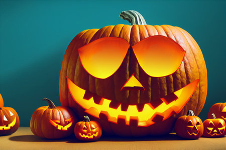 Halloween pumpkins with scary faces on dark green background. 3d illustrationの素材