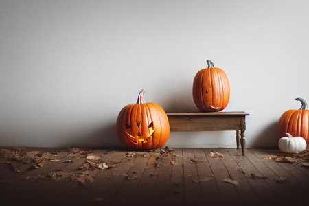 Halloween pumpkins on a wooden bench in a room with a white wallの素材