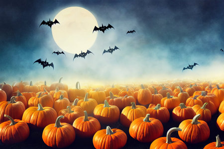 Halloween background with pumpkins, bats and moon. halloween backgroundの素材