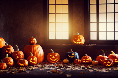 Halloween pumpkins in dark room with window. 3d renderingの素材