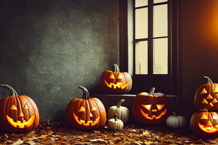Halloween pumpkins in front of a door. 3d renderingの素材