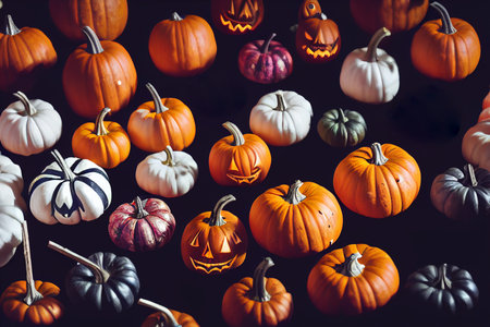 Halloween pumpkins on dark background. Halloween holiday concept. copyspace.の素材