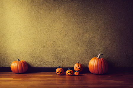Halloween pumpkins on wooden floor and concrete wall background. copyspace.の素材