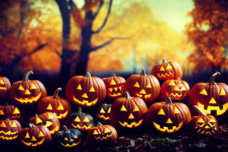 Halloween pumpkins on the background of trees and autumn leaves.の素材