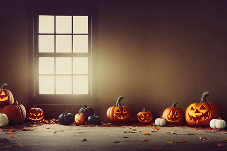 Halloween pumpkins in front of a window. 3d renderingの素材