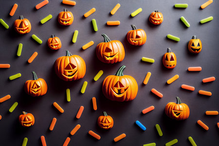 Halloween background with jack-o-lanterns and candiesの素材