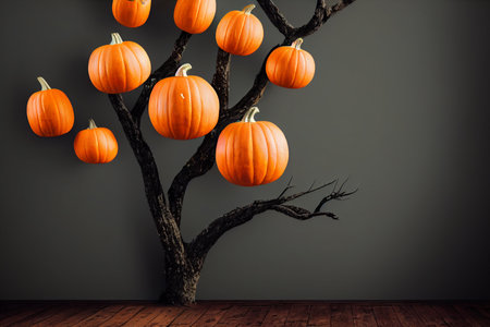 Halloween pumpkins hanging from tree against gray room with wooden floorの素材
