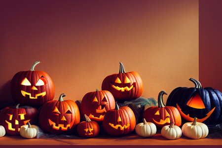 Halloween pumpkins on brown background. Copy space for text.の素材