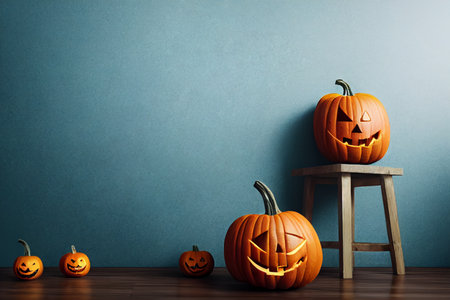 Halloween pumpkins on blue wall background. 3D Renderingの素材