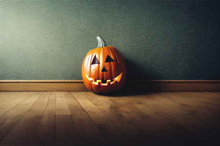 Halloween pumpkin on the wooden floor with dark wall background and copy spaceの素材