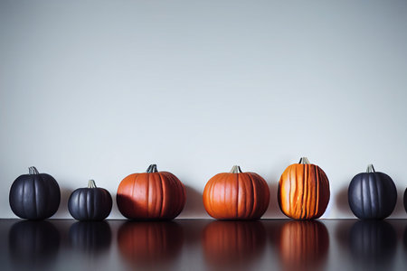 Halloween pumpkins on dark wooden table and white wall background with copy spaceの素材