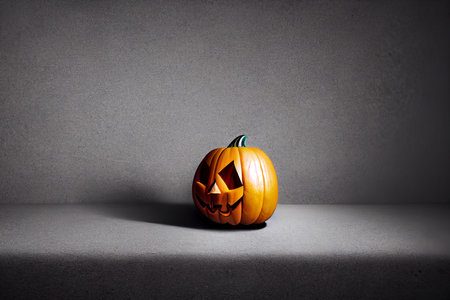 Halloween pumpkin head jack o lantern on gray background with copy spaceの素材