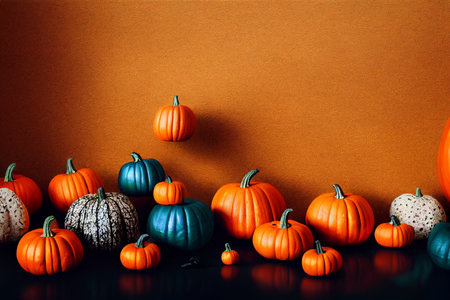 Colorful pumpkins on a dark background with copy space for textの素材