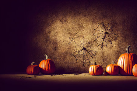 Halloween background with pumpkins and spider web. copyspace.の素材