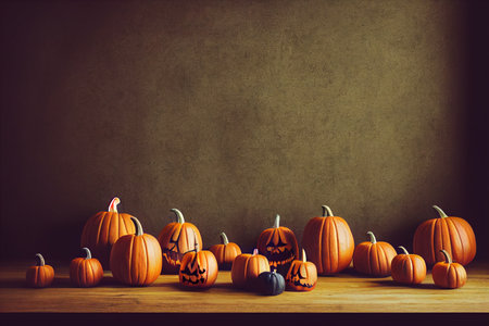 Halloween pumpkins on wooden table over dark background, retro tonedの素材
