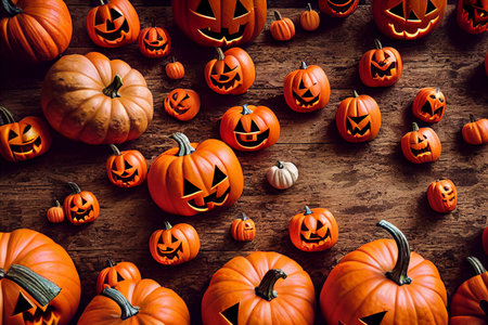 Halloween pumpkins on wooden background, top view, copy spaceの素材