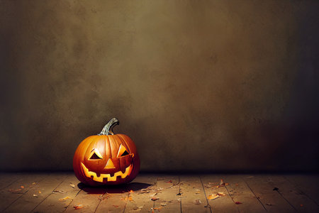 Halloween pumpkin on old wooden floor with copy space for your textの素材