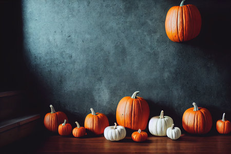 Halloween pumpkins on dark background. Halloween holiday concept. copyspace.の素材
