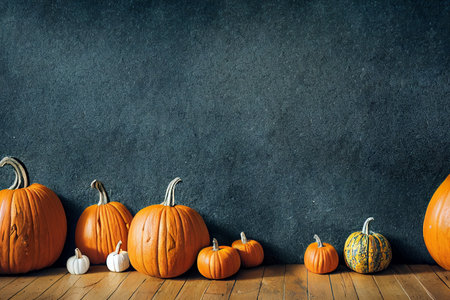 Halloween pumpkins on wooden floor and blackboard background with copy spaceの素材