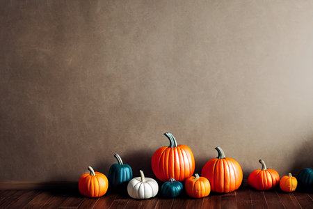 Halloween pumpkins in front of a brown wall with copy spaceの素材