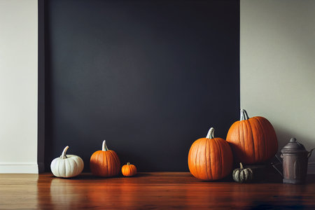 Pumpkins on wooden floor in front of black wall with copy spaceの素材