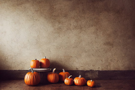 Halloween pumpkins on wooden table and concrete wall background, copy spaceの素材