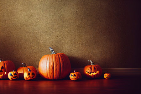 Halloween pumpkins on wooden floor and brown wall background, copy spaceの素材