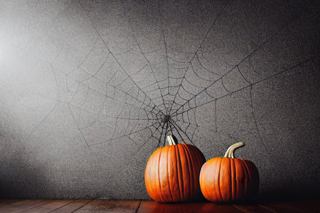 Halloween pumpkins and spider web on dark background, halloween conceptの素材