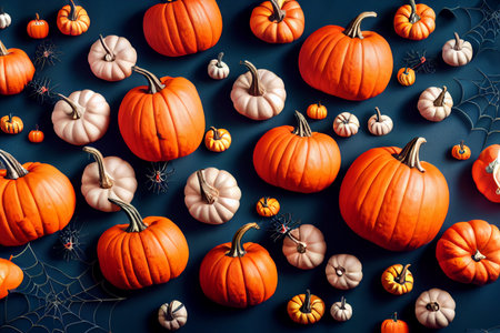 Creative layout made of pumpkins on dark background. Halloween concept. Flat lay, top view.の素材