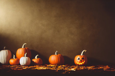 Halloween pumpkins on dark background with copy space. Halloween holiday conceptの素材