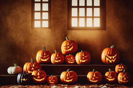 Halloween pumpkins in front of window. 3D Renderingの素材