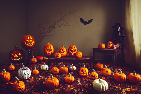 Halloween pumpkins and bats in dark room. 3D Renderingの素材