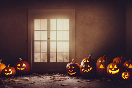 Halloween pumpkins in front of a door. 3D renderingの素材