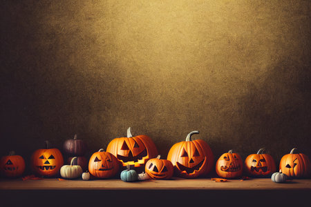 Halloween pumpkins on wooden table over grunge background with copy spaceの素材
