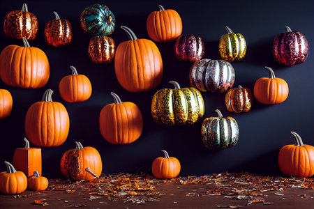 Colorful pumpkins on black background. Halloween decoration. autumn concept.の素材