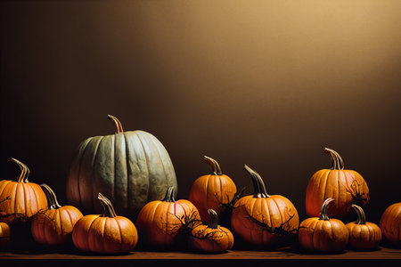 Autumn still life with pumpkins on wooden table. Halloween concept.の素材