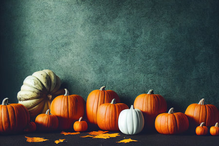Autumn background with pumpkins and leaves. Copy space for textの素材