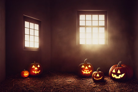 Halloween pumpkins in a dark room with a window, 3d renderの素材