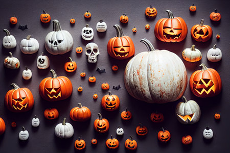 Halloween pumpkins on black background, top view, flat layの素材
