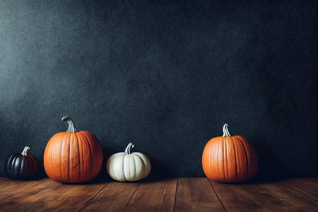 Pumpkins on wooden table against dark background. Halloween holiday conceptの素材