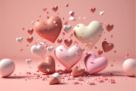 Valentine's day background with hearts and confetti. 3d renderingの写真素材