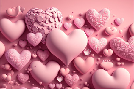 3d render of Valentine's Day background with pink hearts and heartsの写真素材