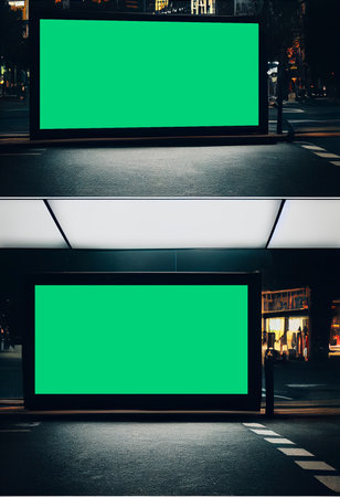 Blank green billboard in the city at night. 3d renderingの写真素材