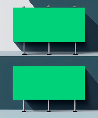 Two blank green billboards on a dark background. 3d rendering.の写真素材
