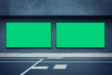 Three blank green billboard on concrete wall. Mockup, 3D Renderingの写真素材