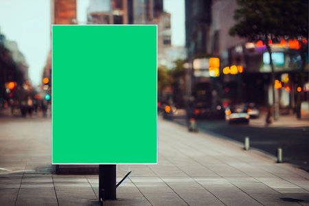 Blank green signboard on city street. Mockup, 3D Renderingの写真素材